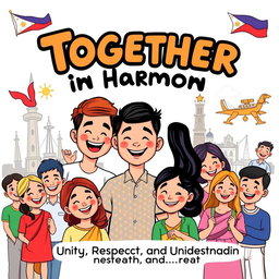 A digital cartooned poster with a bold message emphasizing unity and peace, showcasing diverse Filipino cultural elements like traditional clothing, national landmarks, and joyful gatherings