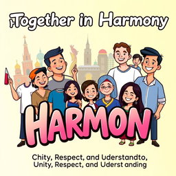 A digital cartooned poster with a bold message emphasizing unity and peace, showcasing diverse Filipino cultural elements like traditional clothing, national landmarks, and joyful gatherings