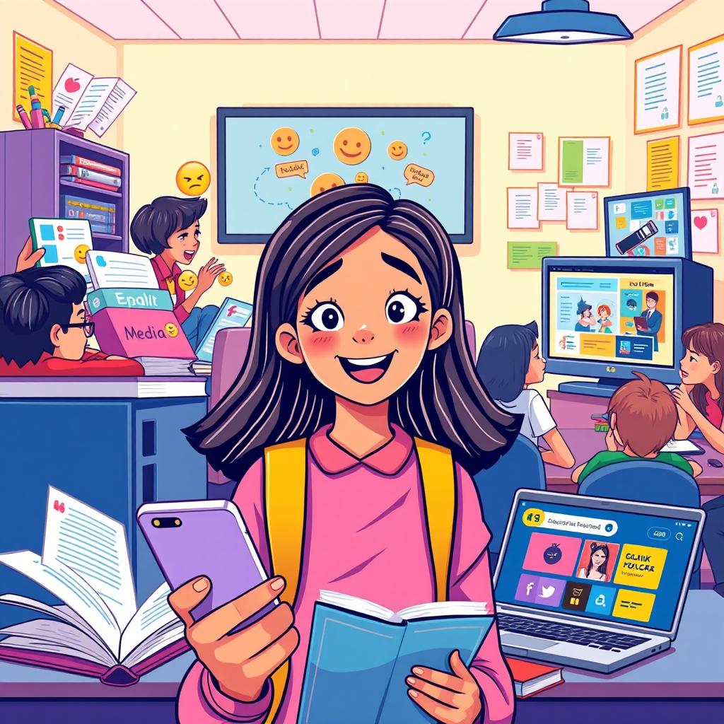 A vibrant graphic art representation illustrating the impact of different types of media on the daily life of a school girl
