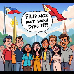 A digital cartoon drawing featuring a powerful and bold statement depicting the phrase 'Filipinos are not worth dying for' in a thought-provoking manner