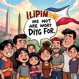 A digital cartoon drawing featuring a powerful and bold statement depicting the phrase 'Filipinos are not worth dying for' in a thought-provoking manner