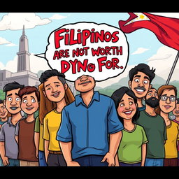 A digital cartoon drawing featuring a powerful and bold statement depicting the phrase 'Filipinos are not worth dying for' in a thought-provoking manner
