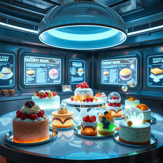 A high-tech dessert scene showcasing futuristic pastries and confections