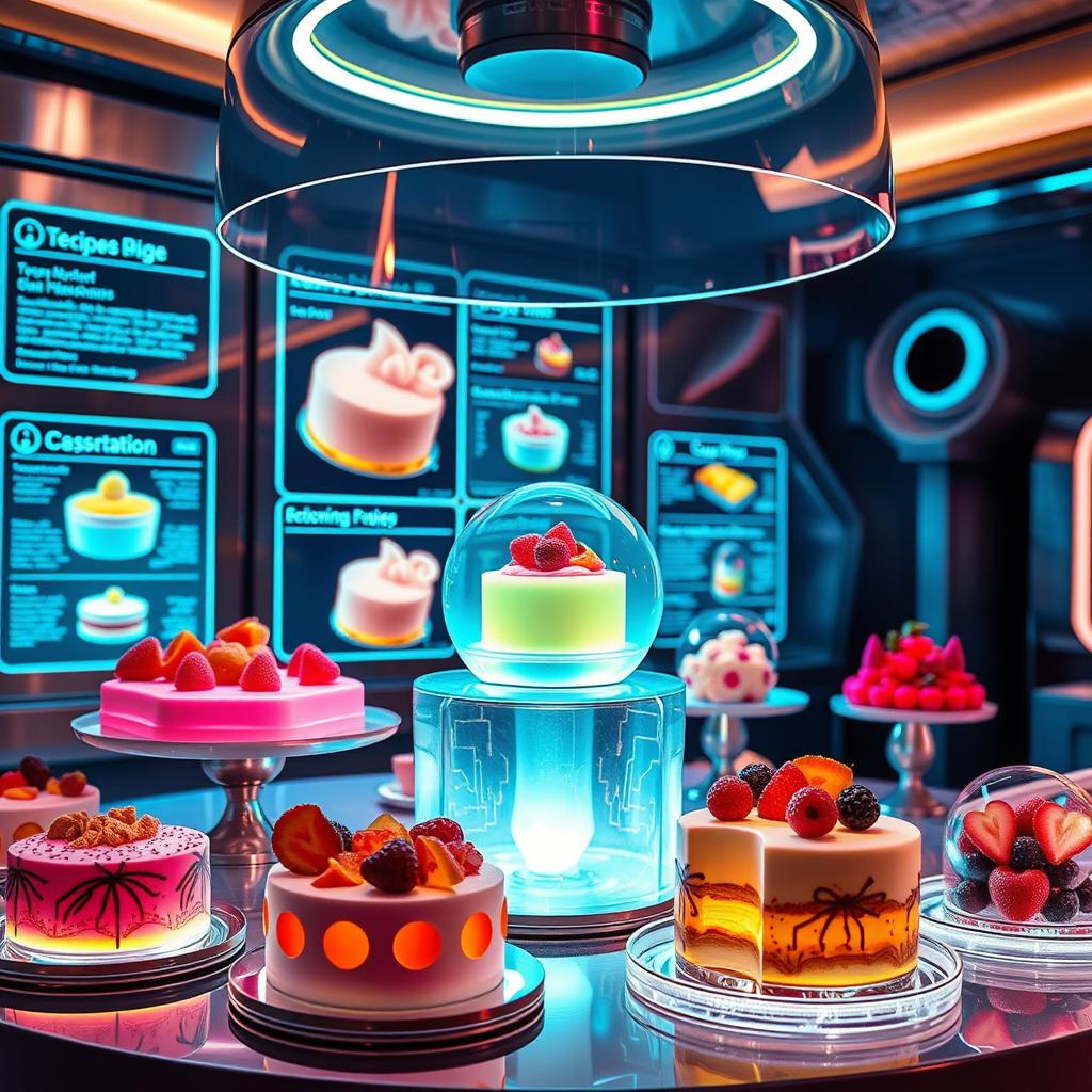 A high-tech dessert scene showcasing futuristic pastries and confections