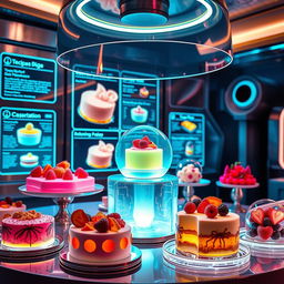A high-tech dessert scene showcasing futuristic pastries and confections