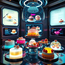 A high-tech dessert scene showcasing futuristic pastries and confections