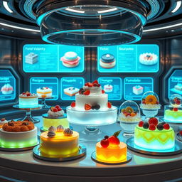 A high-tech dessert scene showcasing futuristic pastries and confections