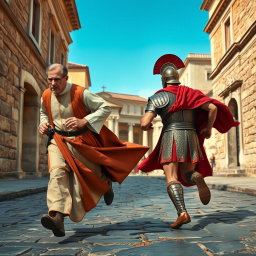 A realistic scene depicting a priest running energetically after a Roman soldier in an ancient setting