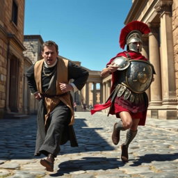 A realistic scene depicting a priest running energetically after a Roman soldier in an ancient setting