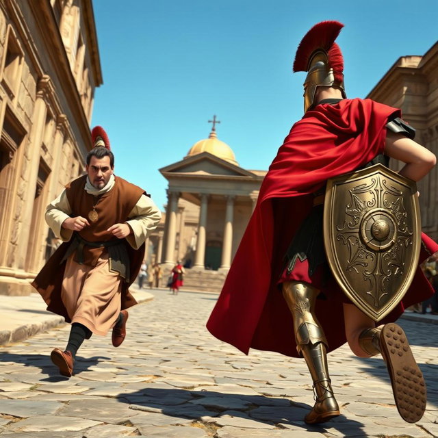 A realistic scene depicting a priest running energetically after a Roman soldier in an ancient setting