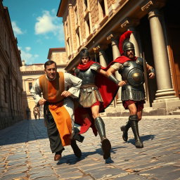 A realistic scene depicting a priest running energetically after a Roman soldier in an ancient setting