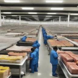 Illustrate a sprawling and modern Guyana Marketing Corporation Processing & Packaging Facility in operation, with workers bustling about, machinery humming, and neatly packaged products ready for distribution.