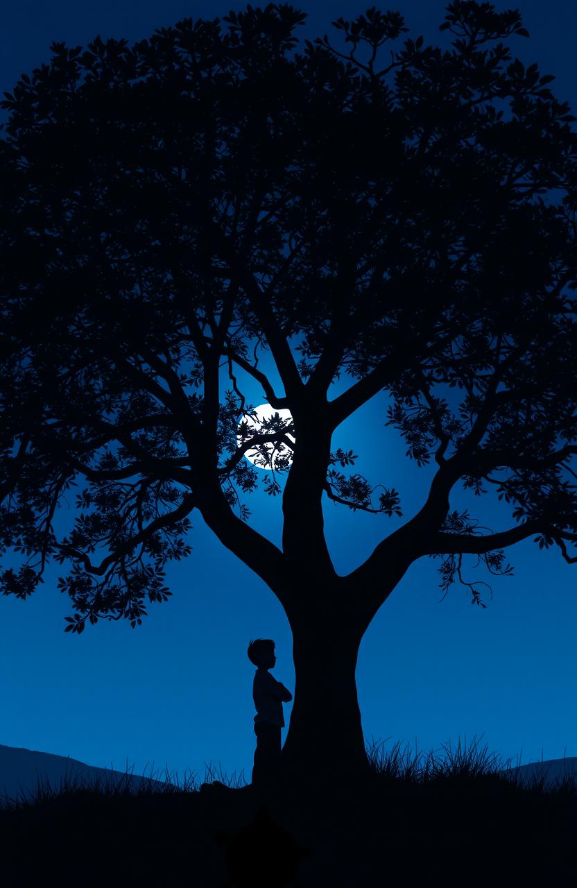 A night scene portraying a boy standing quietly under a large, leafy tree