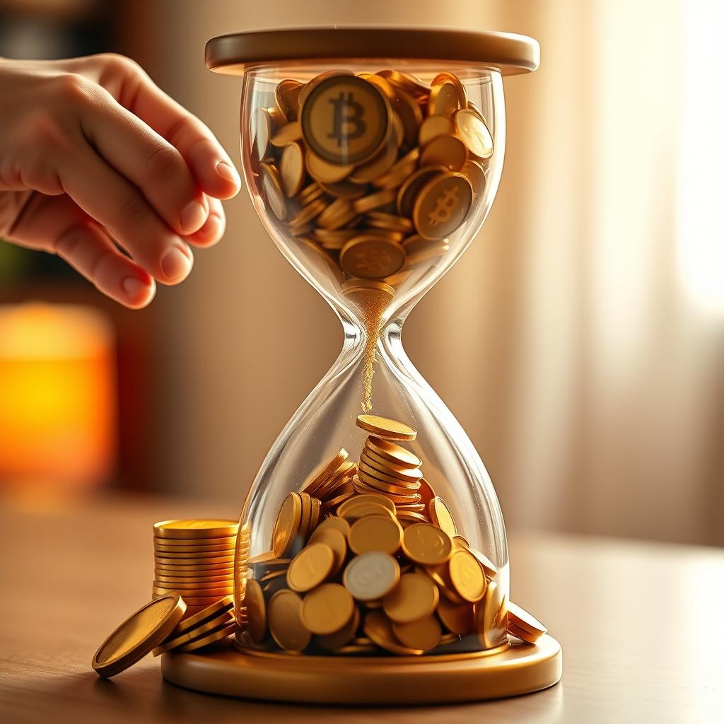 A beautifully crafted hourglass filled with glistening golden coins instead of sand, with coins flowing gently from the top chamber to the bottom chamber, symbolizing the passage of time and the accumulation of wealth