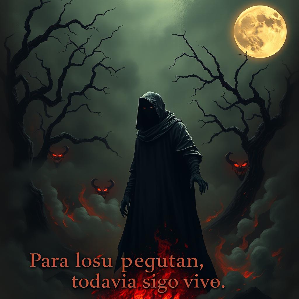 A hauntingly dark scene depicting a demonic environment, featuring a shadowy figure standing amidst swirling smoke and flames