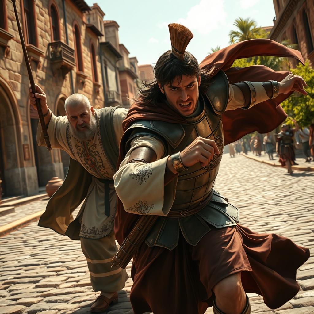 A dramatic scene depicting a priest in traditional garments, with intricate embroidery, passionately pursuing a Roman soldier clad in armor, with a flowing cape, through an ancient city