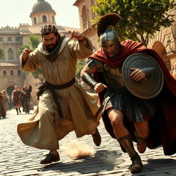 A dramatic scene depicting a priest in traditional garments, with intricate embroidery, passionately pursuing a Roman soldier clad in armor, with a flowing cape, through an ancient city