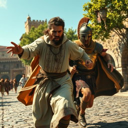 A dramatic scene depicting a priest in traditional garments, with intricate embroidery, passionately pursuing a Roman soldier clad in armor, with a flowing cape, through an ancient city