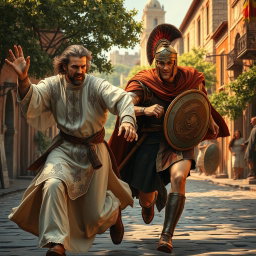 A dramatic scene depicting a priest in traditional garments, with intricate embroidery, passionately pursuing a Roman soldier clad in armor, with a flowing cape, through an ancient city