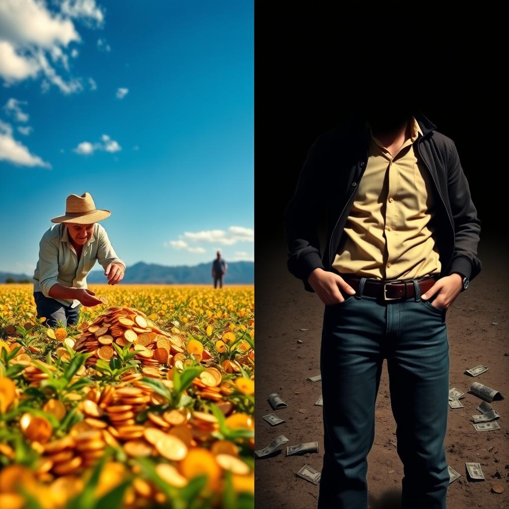 A vivid, metaphorical scene depicting two contrasting approaches to finances