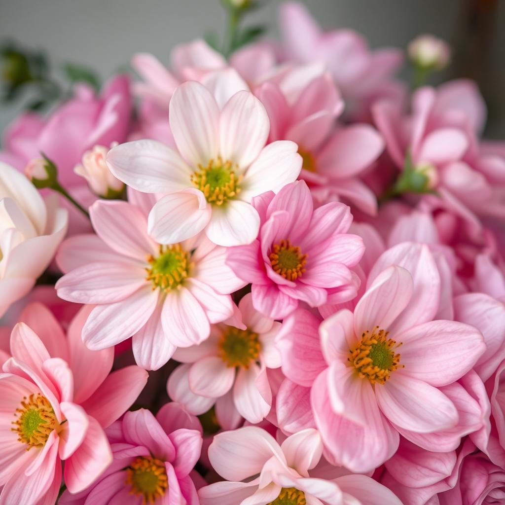 A close-up artistic representation of a floral arrangement that symbolizes femininity and beauty, focusing on soft pastel colors and intricate details