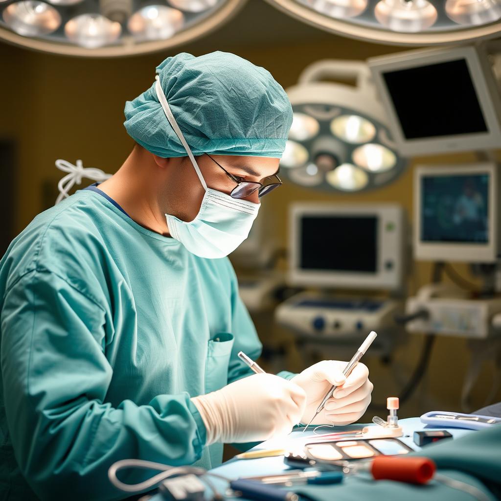 A consultant surgeon performing a surgery in an operation theatre, dressed in a green surgical gown, hair cap, and face mask