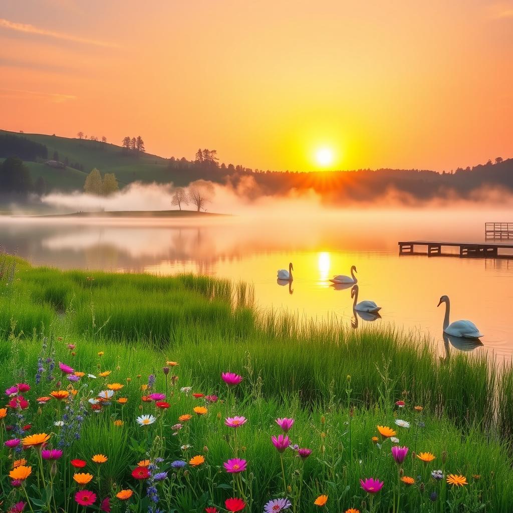 A serene and picturesque landscape featuring a bright, golden sunrise over a tranquil lake, with mist rising from the water