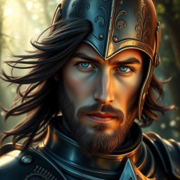 A stunning headshot of a fairytale hero, featuring a brave knight adorned in shining armor, with a deep, thoughtful expression