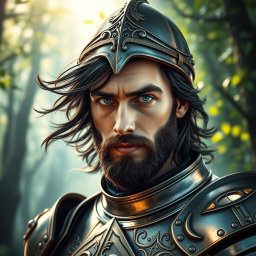 A stunning headshot of a fairytale hero, featuring a brave knight adorned in shining armor, with a deep, thoughtful expression