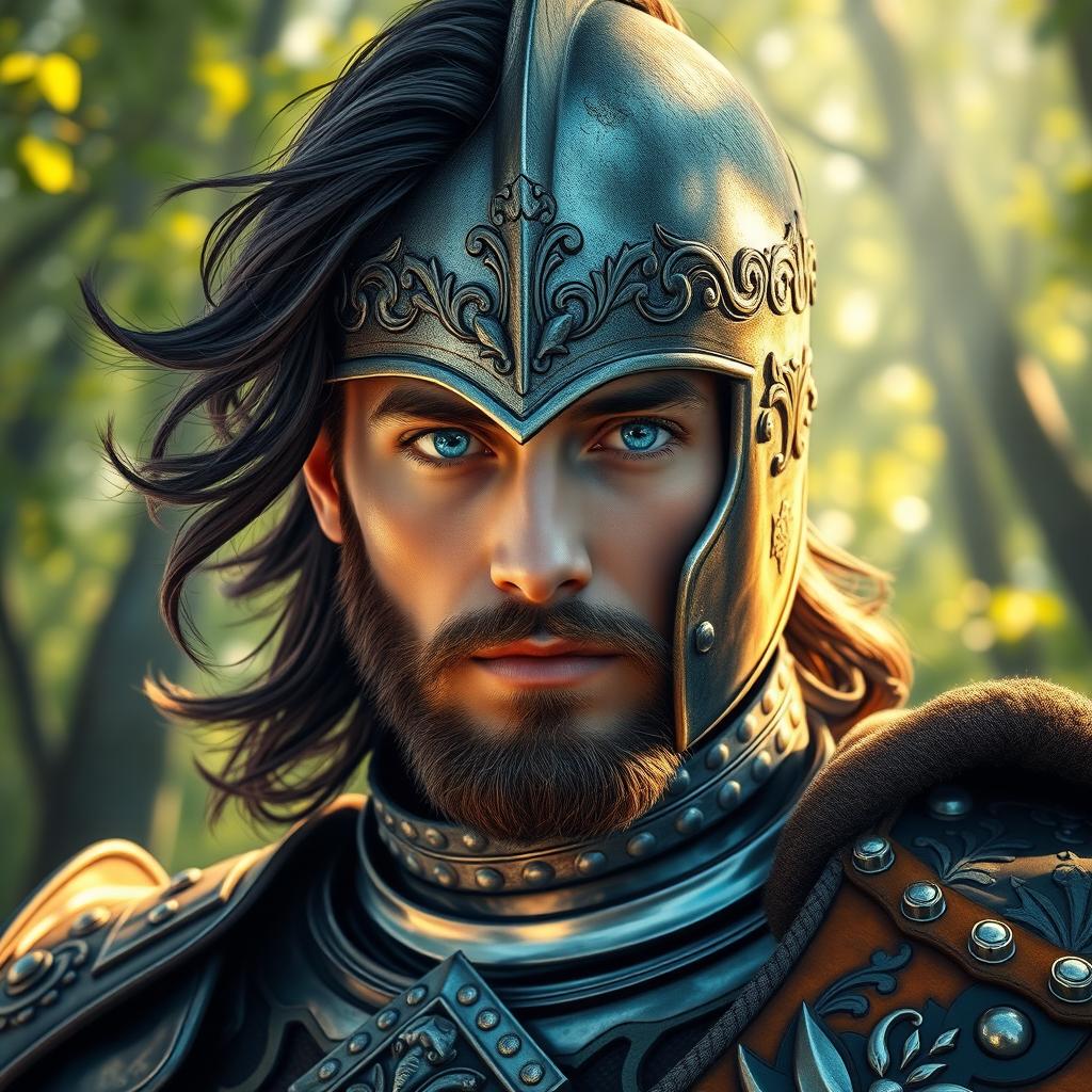 A stunning headshot of a fairytale hero, featuring a brave knight adorned in shining armor, with a deep, thoughtful expression