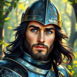 A stunning headshot of a fairytale hero, featuring a brave knight adorned in shining armor, with a deep, thoughtful expression