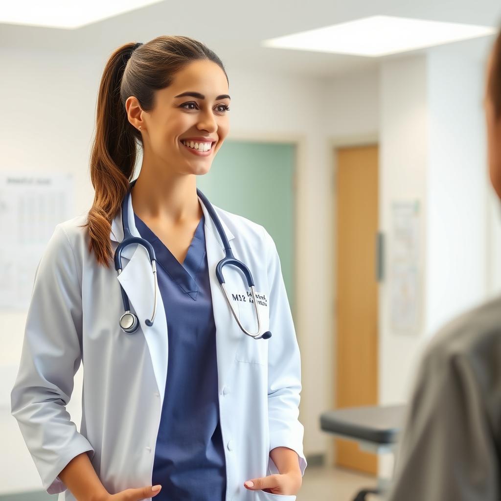 A confident adult woman in a doctor's uniform, wearing a white lab coat over a scrubs top, with a stethoscope around her neck
