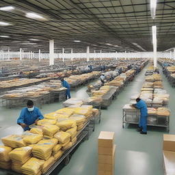 Illustrate a sprawling and modern Guyana Marketing Corporation Processing & Packaging Facility in operation, with workers bustling about, machinery humming, and neatly packaged products ready for distribution.