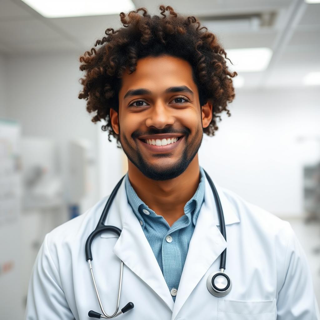 A professional doctor with curly hair, wearing a white lab coat and a stethoscope around their neck