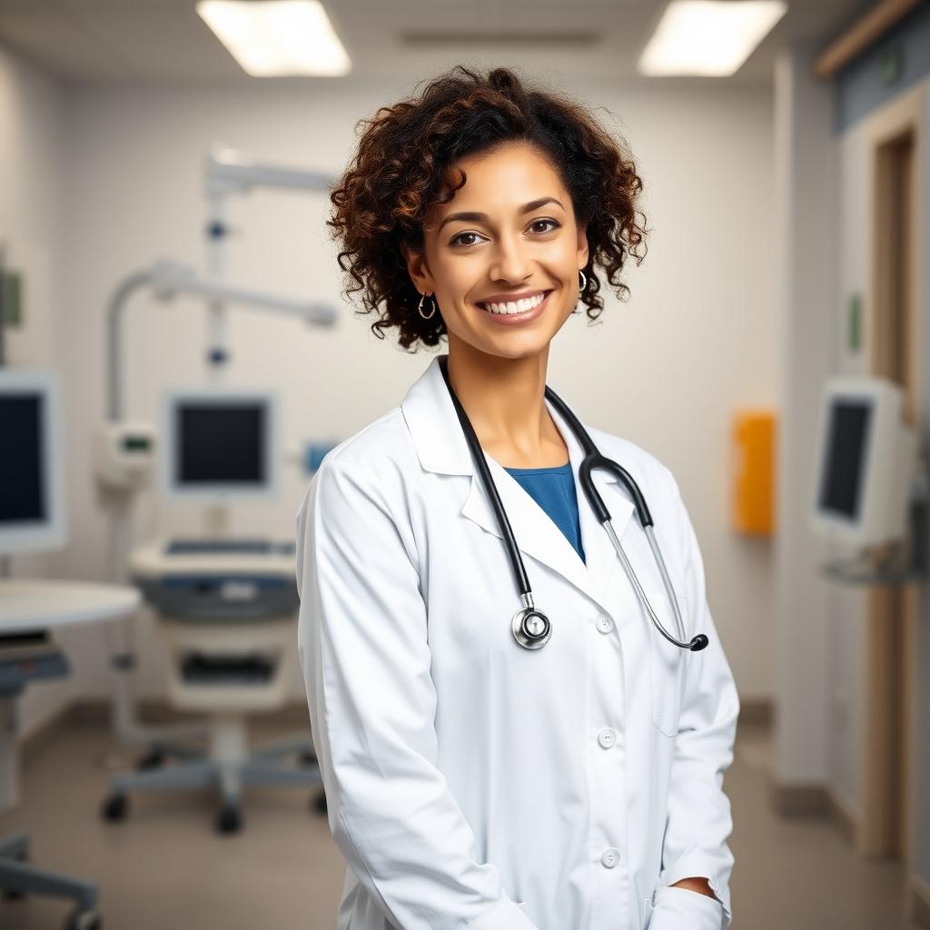 A female doctor with curly hair, wearing a white lab coat, stethoscope around her neck, standing confidently in a modern hospital setting