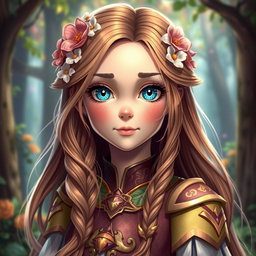 A captivating headshot of a heroic girl from a whimsical fairytale, featuring long flowing hair adorned with flowers, sparkling eyes filled with determination and kindness, wearing a beautifully detailed costume that reflects her noble status, with a vibrant forest background that hints at the magical world she inhabits