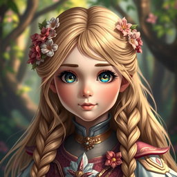 A captivating headshot of a heroic girl from a whimsical fairytale, featuring long flowing hair adorned with flowers, sparkling eyes filled with determination and kindness, wearing a beautifully detailed costume that reflects her noble status, with a vibrant forest background that hints at the magical world she inhabits