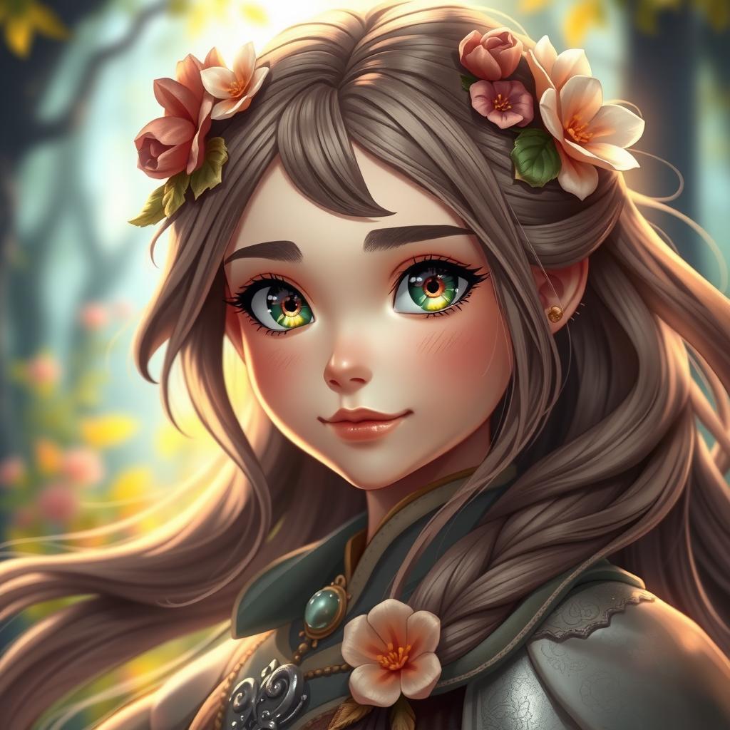 A captivating headshot of a heroic girl from a whimsical fairytale, featuring long flowing hair adorned with flowers, sparkling eyes filled with determination and kindness, wearing a beautifully detailed costume that reflects her noble status, with a vibrant forest background that hints at the magical world she inhabits