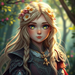 A captivating headshot of a heroic girl from a whimsical fairytale, featuring long flowing hair adorned with flowers, sparkling eyes filled with determination and kindness, wearing a beautifully detailed costume that reflects her noble status, with a vibrant forest background that hints at the magical world she inhabits