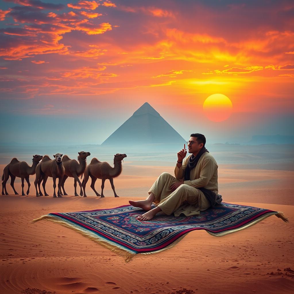 A mystical scene featuring a person sitting confidently on a flying carpet, holding a cigarette