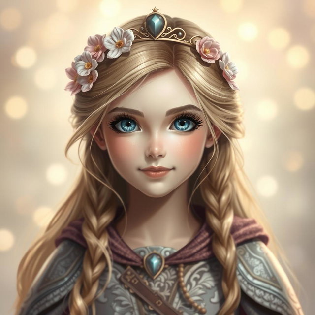 A headshot portrait of a heroic girl from a fairytale, radiating strength and courage