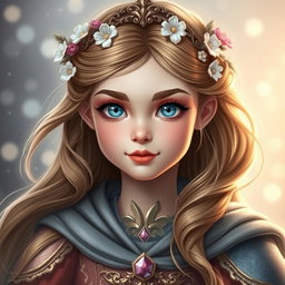 A headshot portrait of a heroic girl from a fairytale, radiating strength and courage