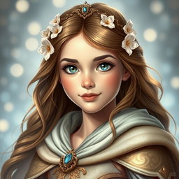 A headshot portrait of a heroic girl from a fairytale, radiating strength and courage