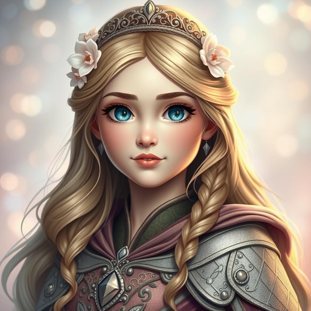 A headshot portrait of a heroic girl from a fairytale, radiating strength and courage