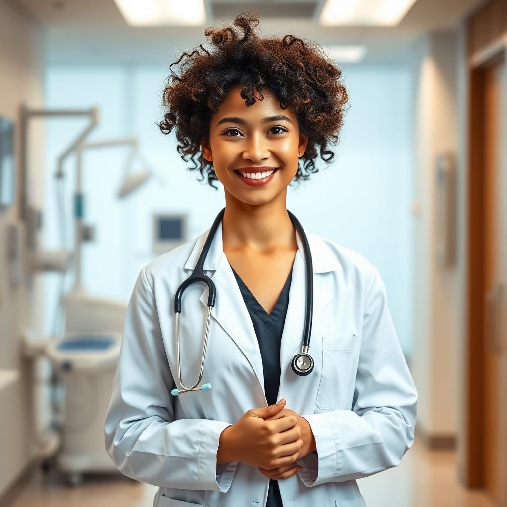A portrait of a Philippine woman with curly hair, dressed in a doctor's white coat, standing confidently in a modern clinic environment