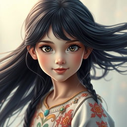 A captivating headshot of a fairytale hero, a young girl with flowing dark hair that cascades around her shoulders