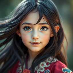 A captivating headshot of a fairytale hero, a young girl with flowing dark hair that cascades around her shoulders