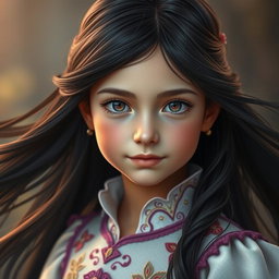 A captivating headshot of a fairytale hero, a young girl with flowing dark hair that cascades around her shoulders