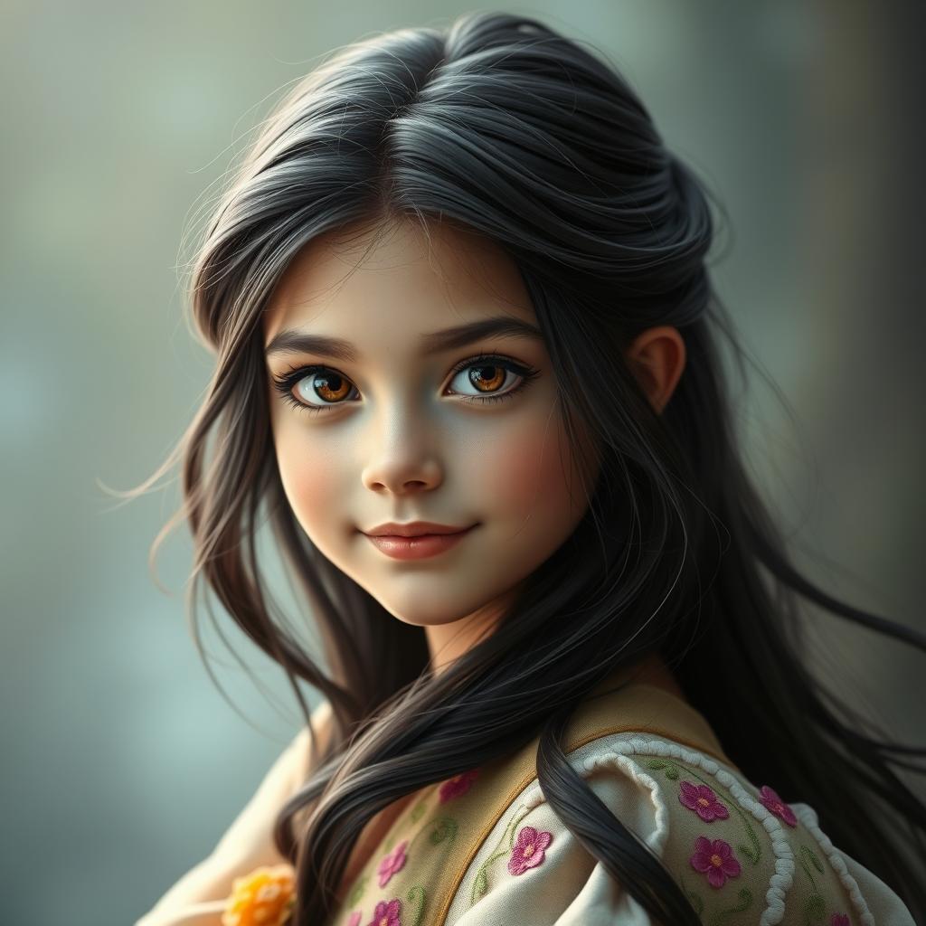 A captivating headshot of a fairytale hero, a young girl with flowing dark hair that cascades around her shoulders