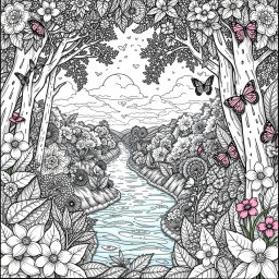 A beautifully intricate adult coloring page featuring a serene nature scene, with an array of detailed flowers, leaves, and butterflies